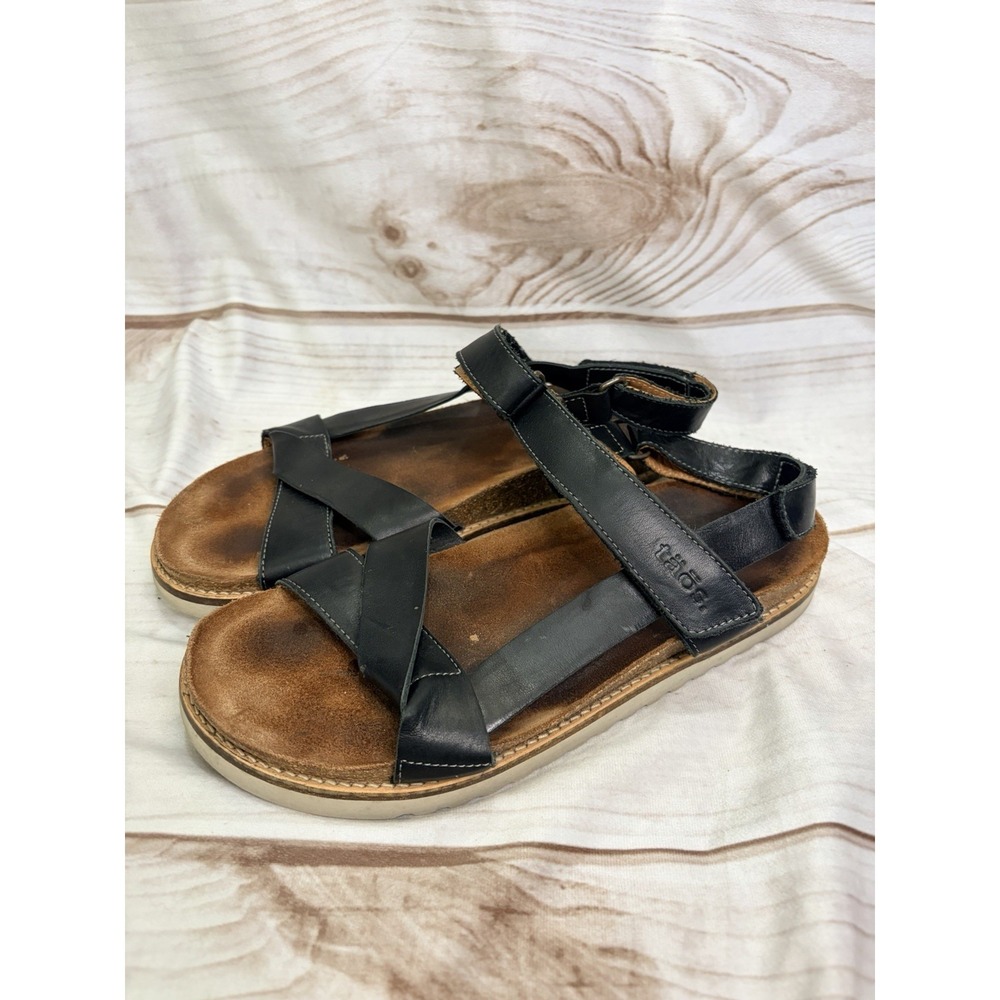 Taos Black Leather Comfort Sandals Hook Loop Cork Footbed Women EU 40 US 9.5